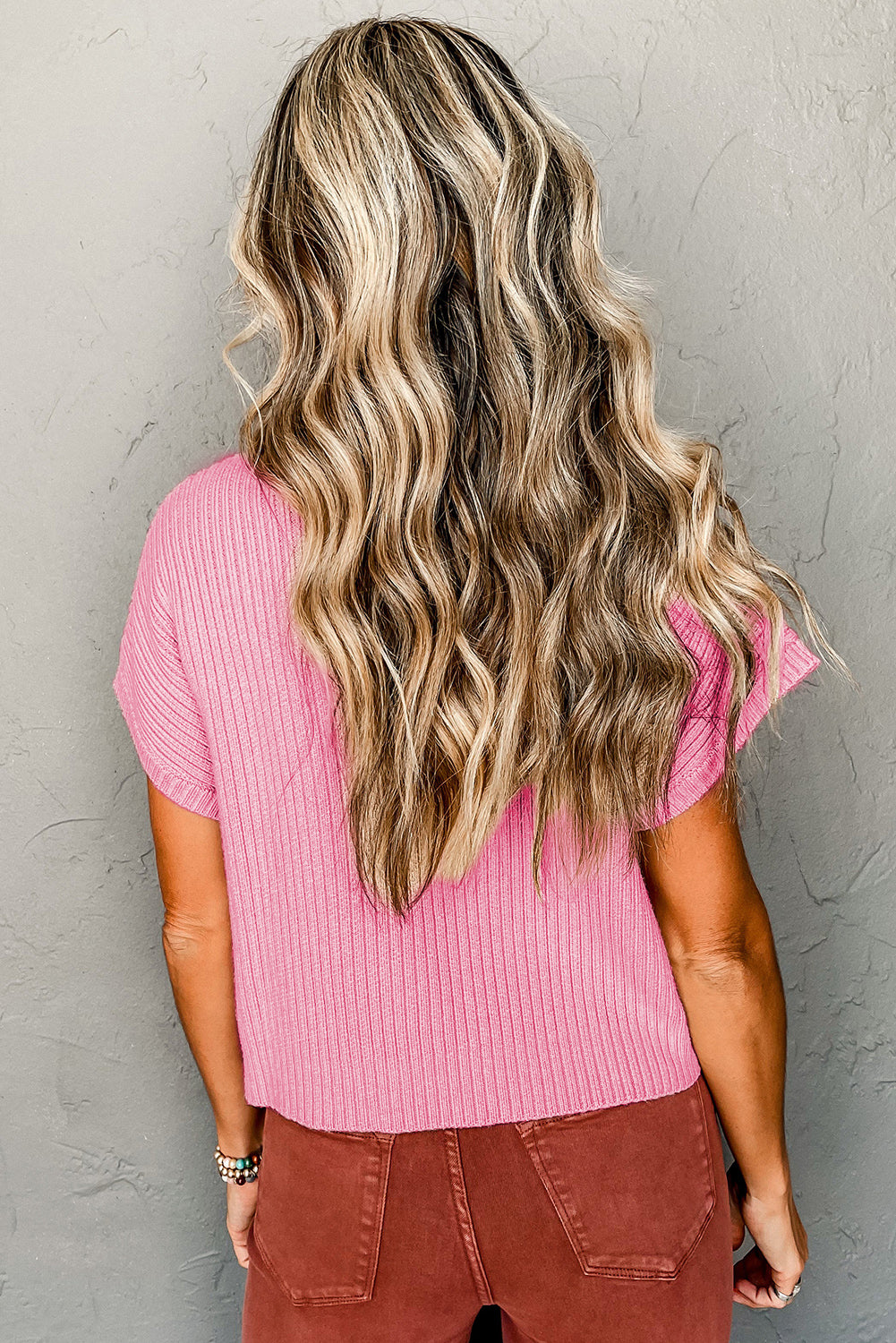 Ribbed Short Sleeve Sweater - Pink