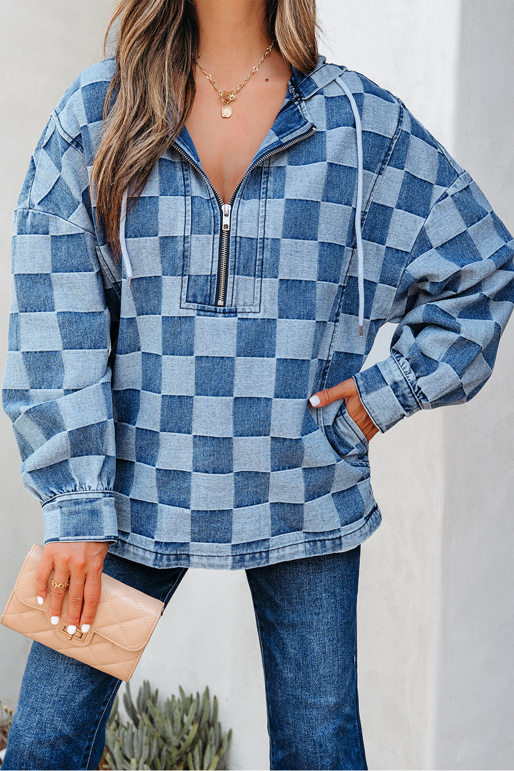 Blue Checkered Zip Hooded Pullover
