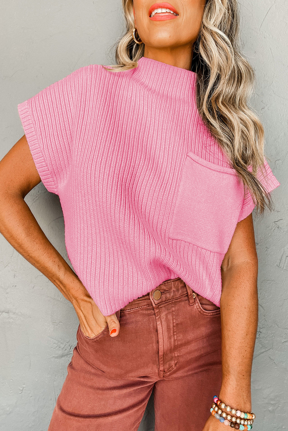 Ribbed Short Sleeve Sweater - Pink
