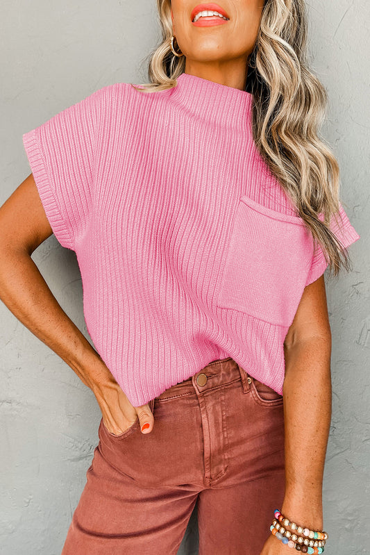Ribbed Short Sleeve Sweater - Pink