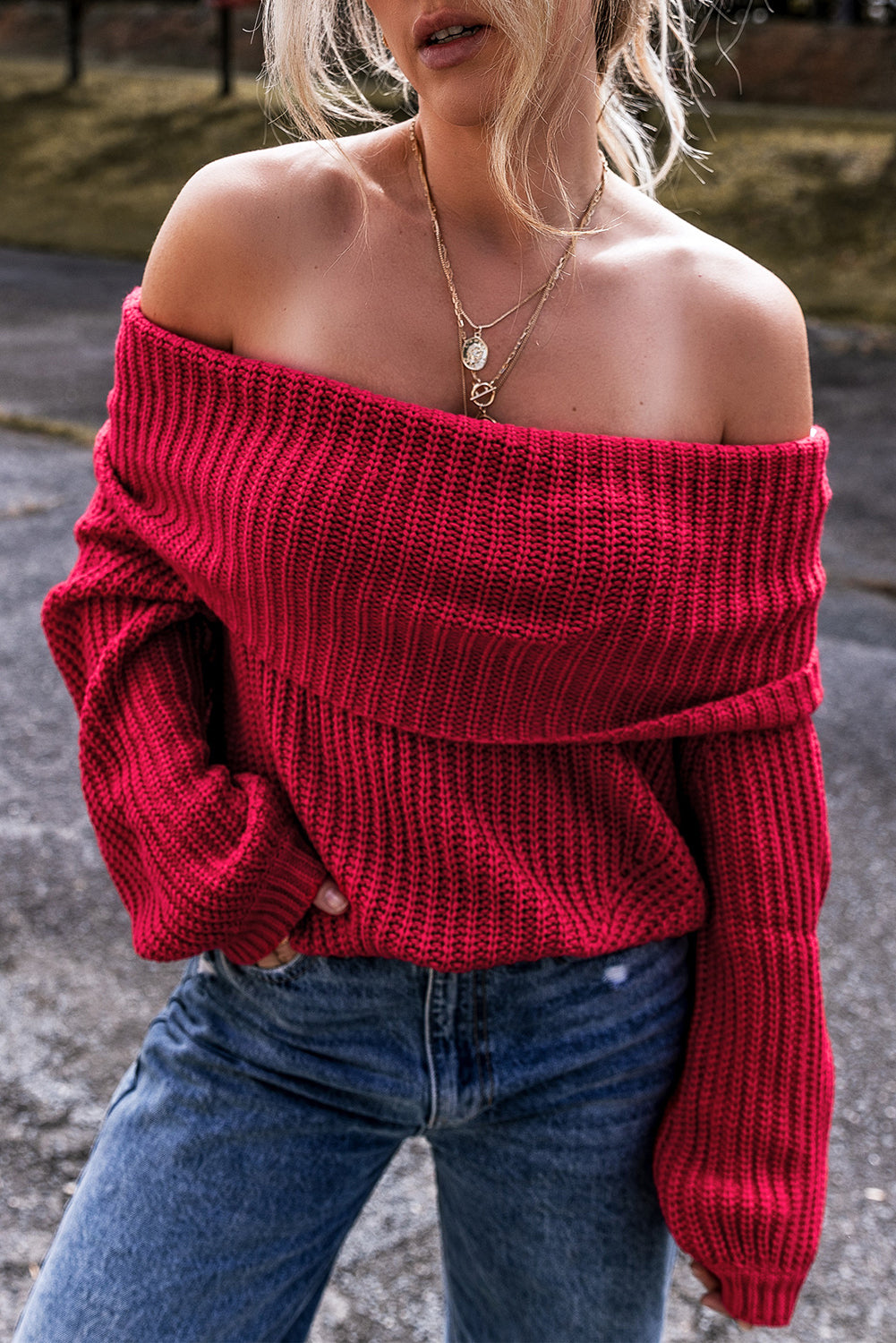 Red Off-Shoulder Sweater