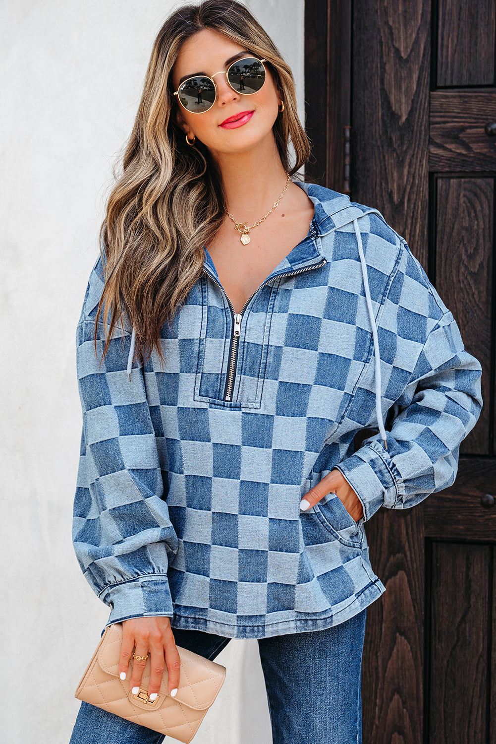 Blue Checkered Zip Hooded Pullover