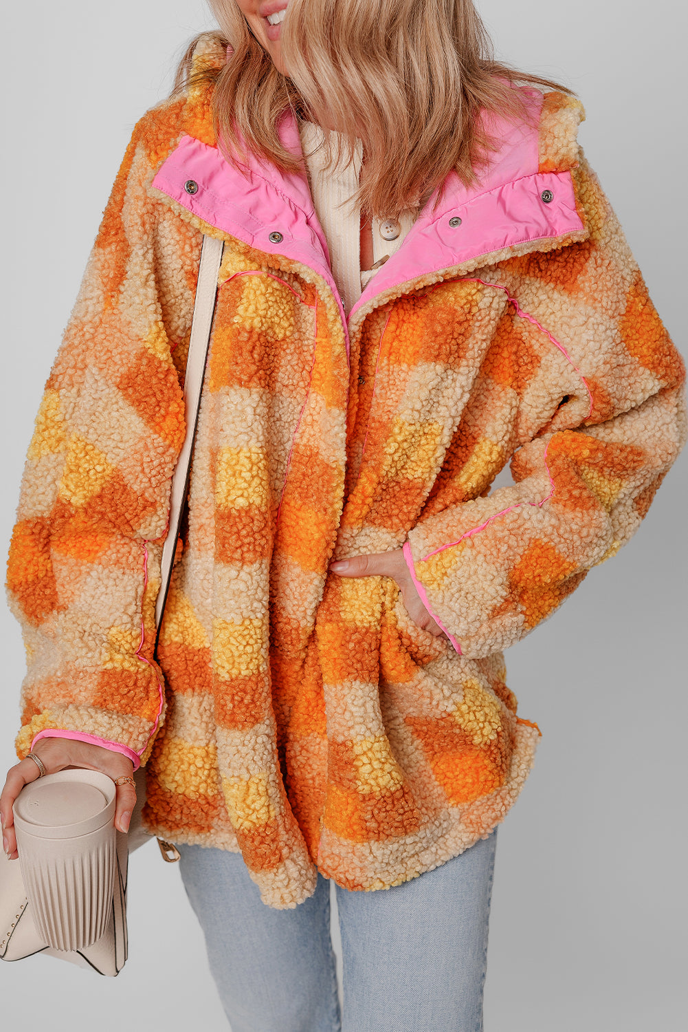 Orange Checkered Fleece Hooded Jacket