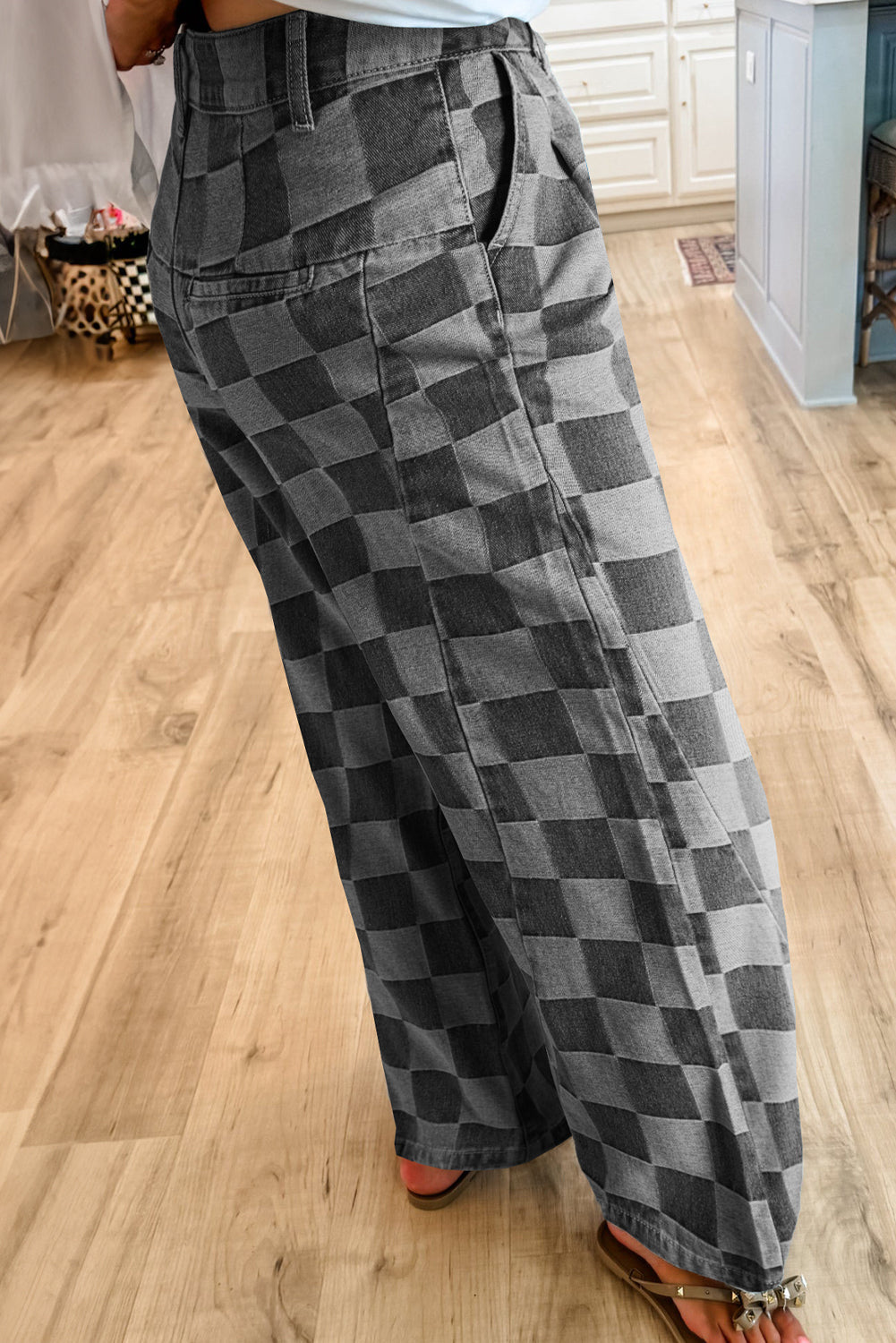 Checkered Wide Leg Denim Jeans