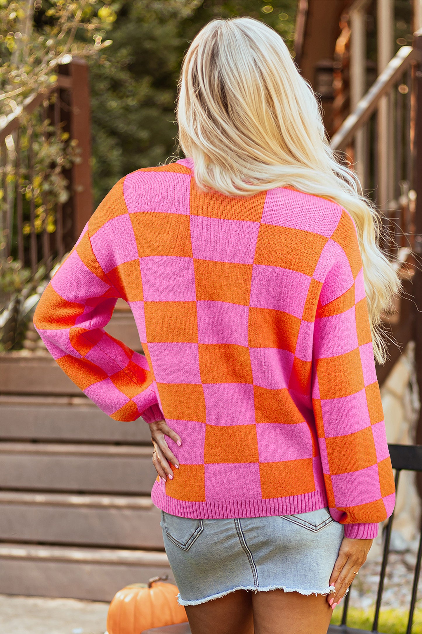 Pink Checkered Baggy Knit Sweater