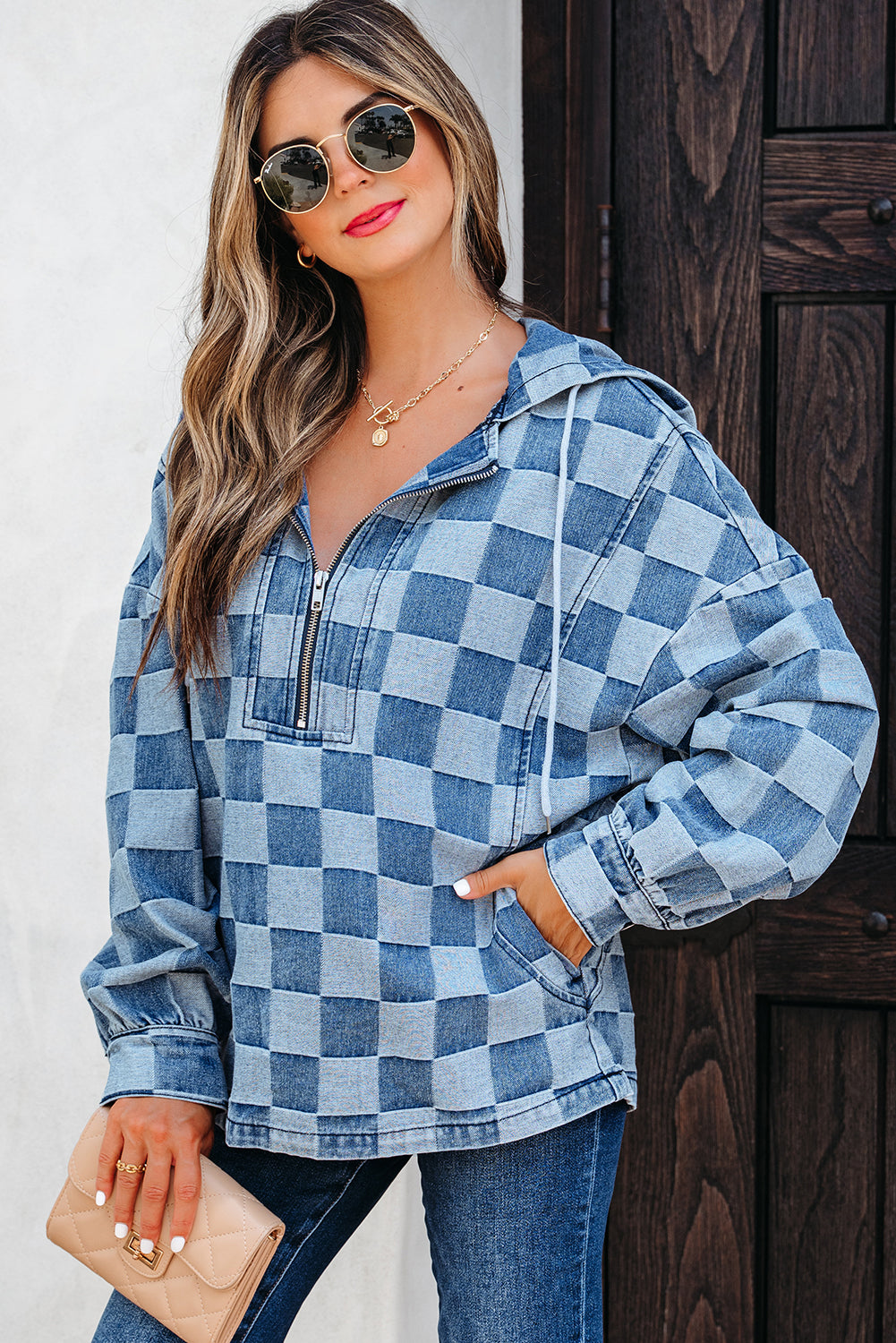 Blue Checkered Zip Hooded Pullover