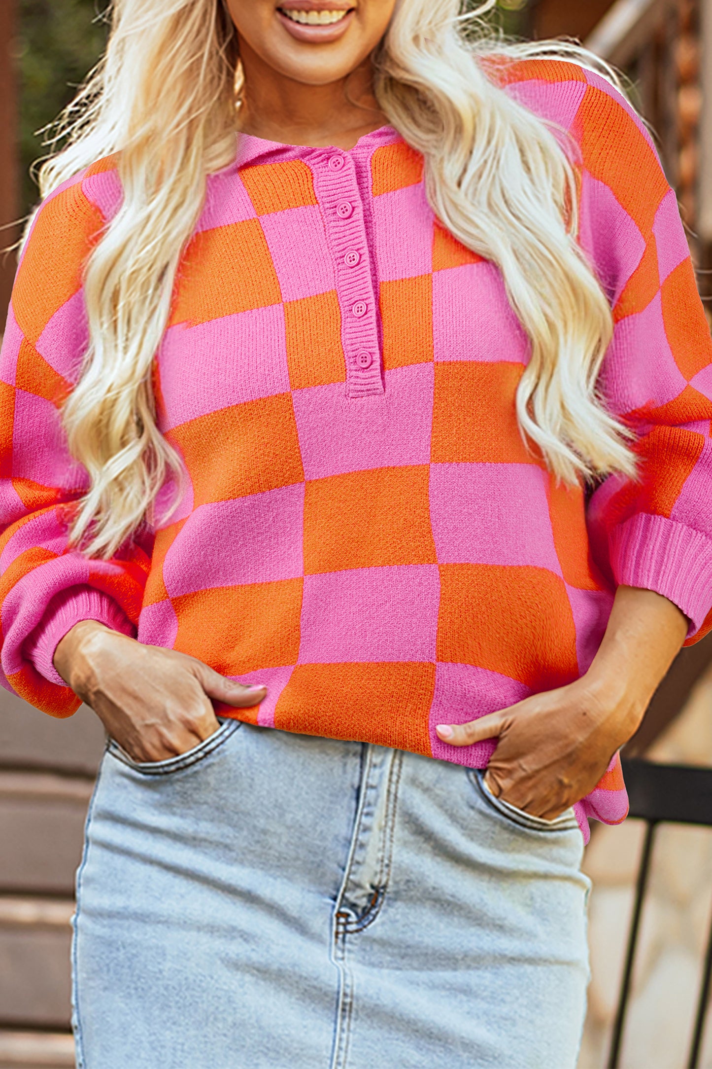 Pink Checkered Baggy Knit Sweater