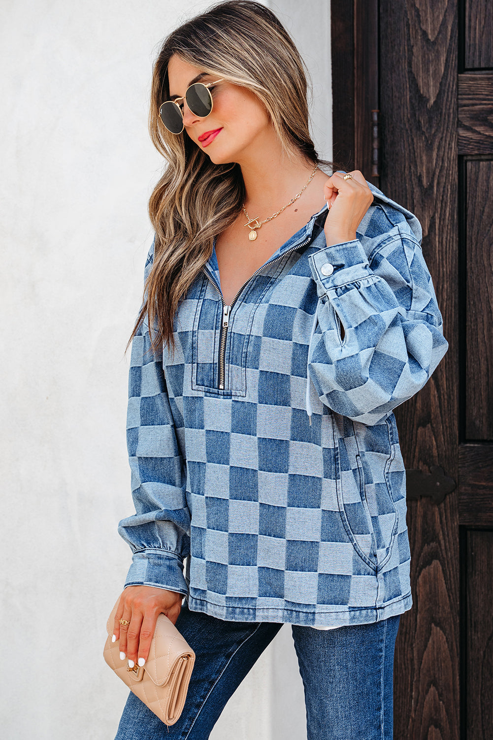 Blue Checkered Zip Hooded Pullover