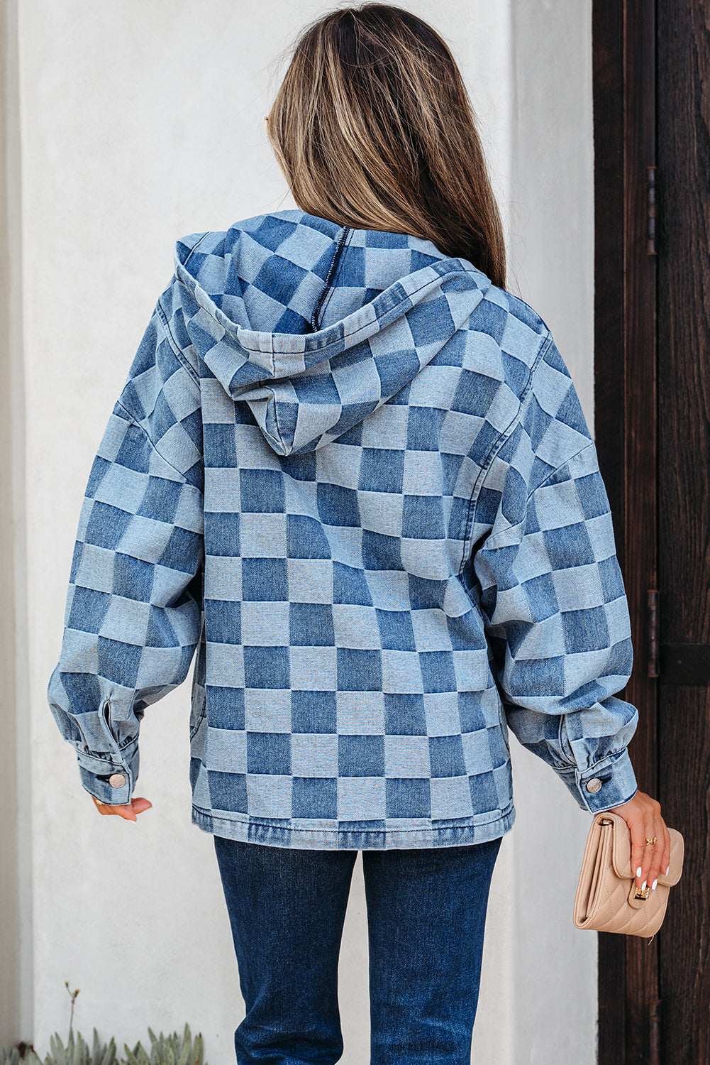 Blue Checkered Zip Hooded Pullover