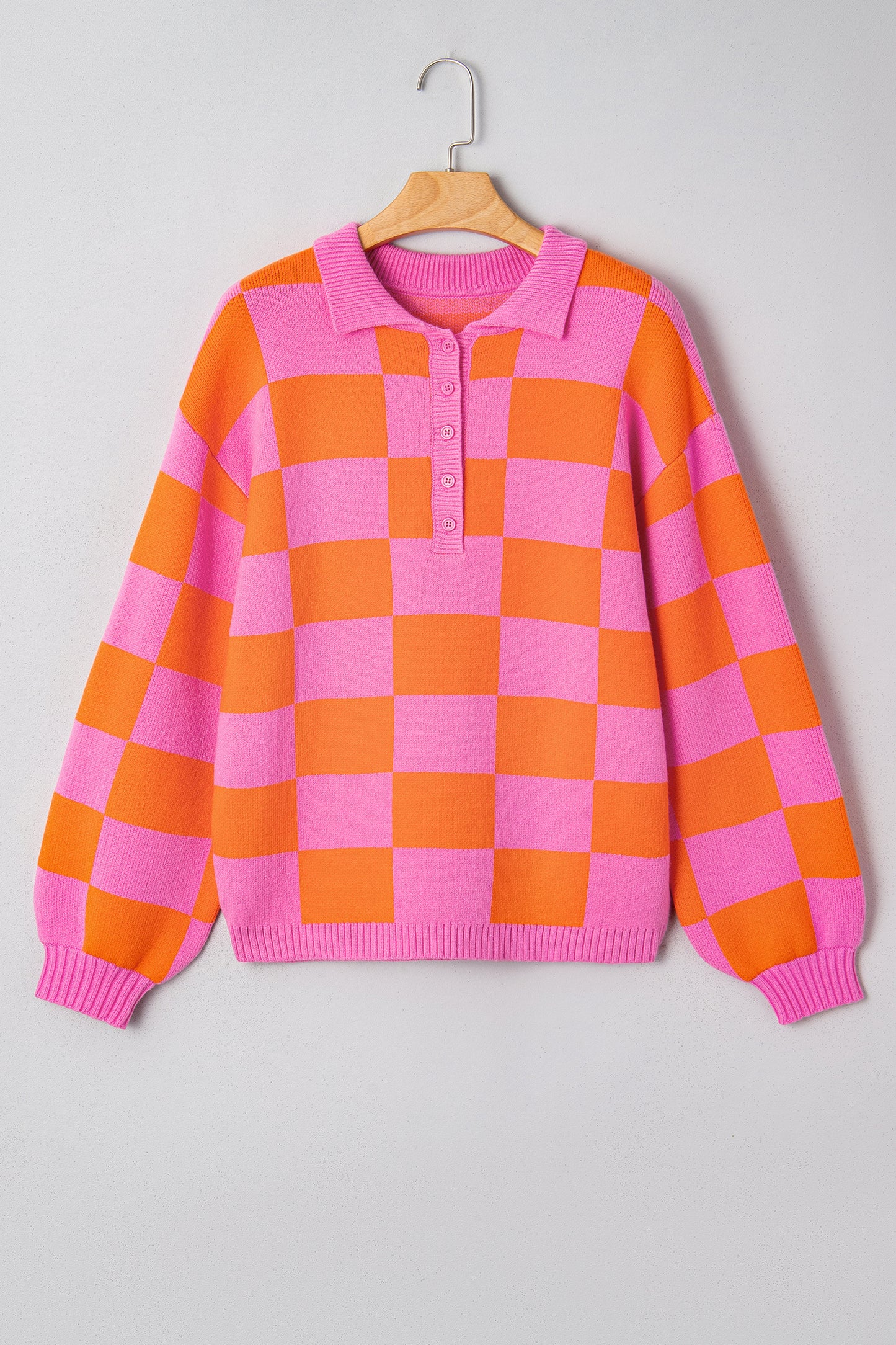 Pink Checkered Baggy Knit Sweater