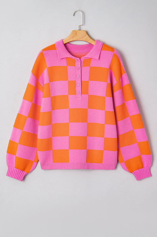 Pink Checkered Baggy Knit Sweater