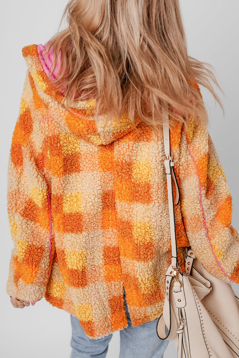 Orange Checkered Fleece Hooded Jacket